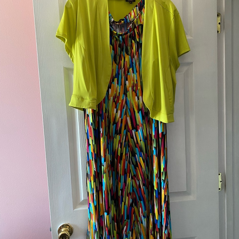 Vibrant Multicolor Dress with Yellow Bolero